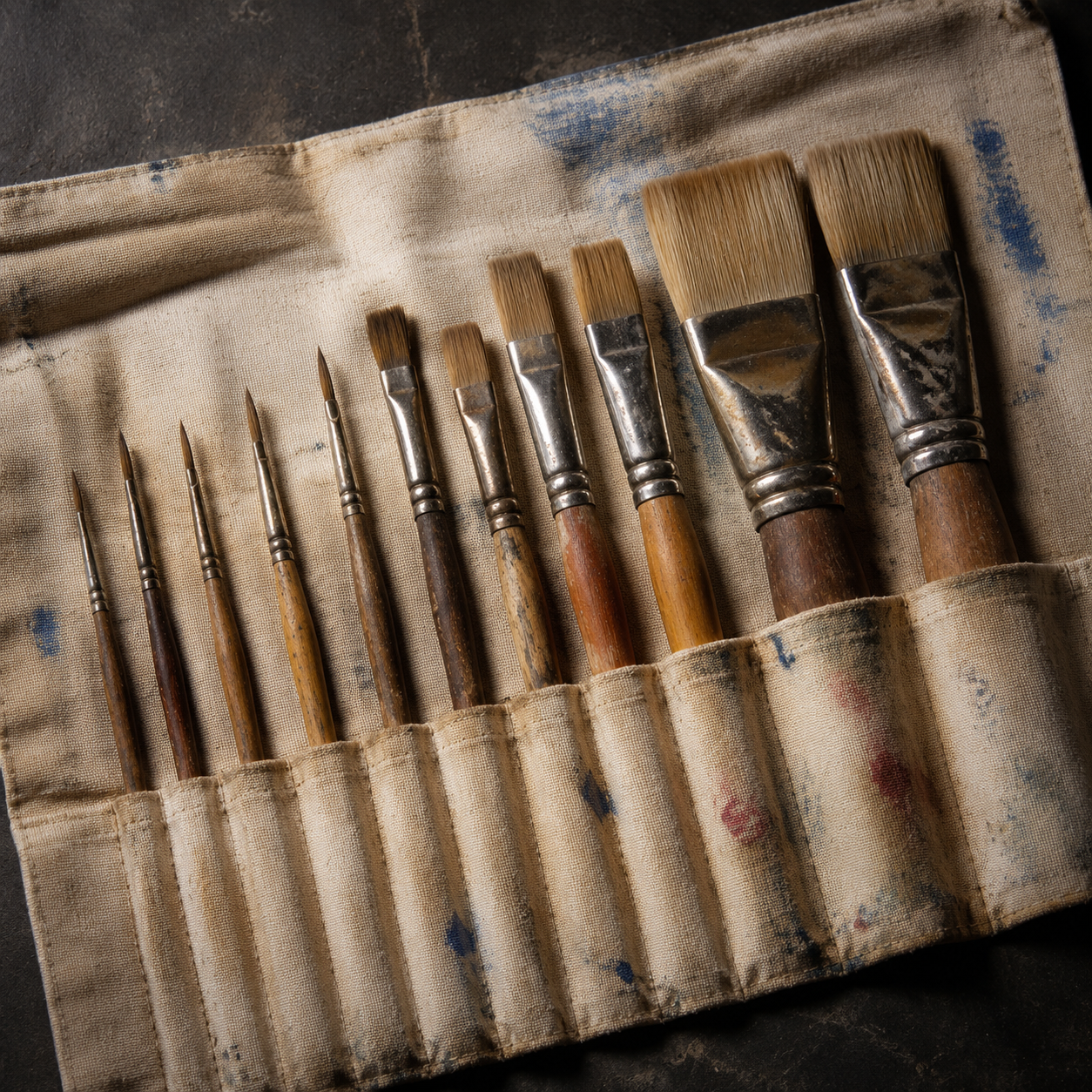 Canvas brush roll with graded artist brushes on a charcoal table