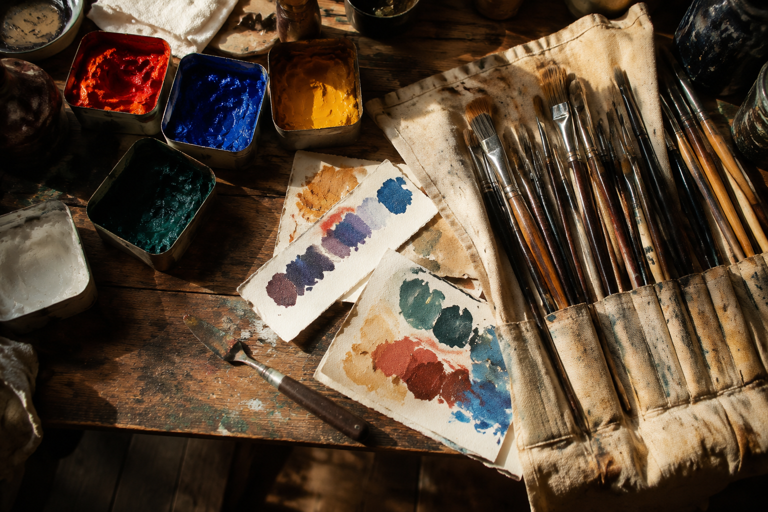 Overhead pigment bench with brushes, paper texture and saturated paint colours