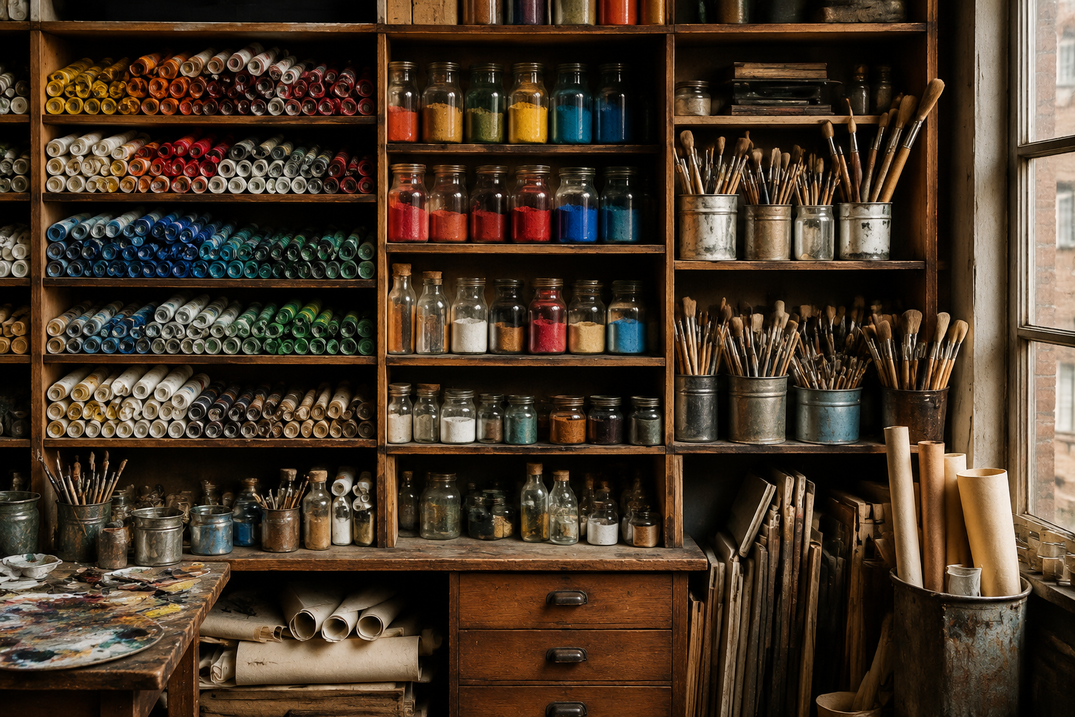 Artist studio shelves with pigments, brush tins, rolled paper and palette tools